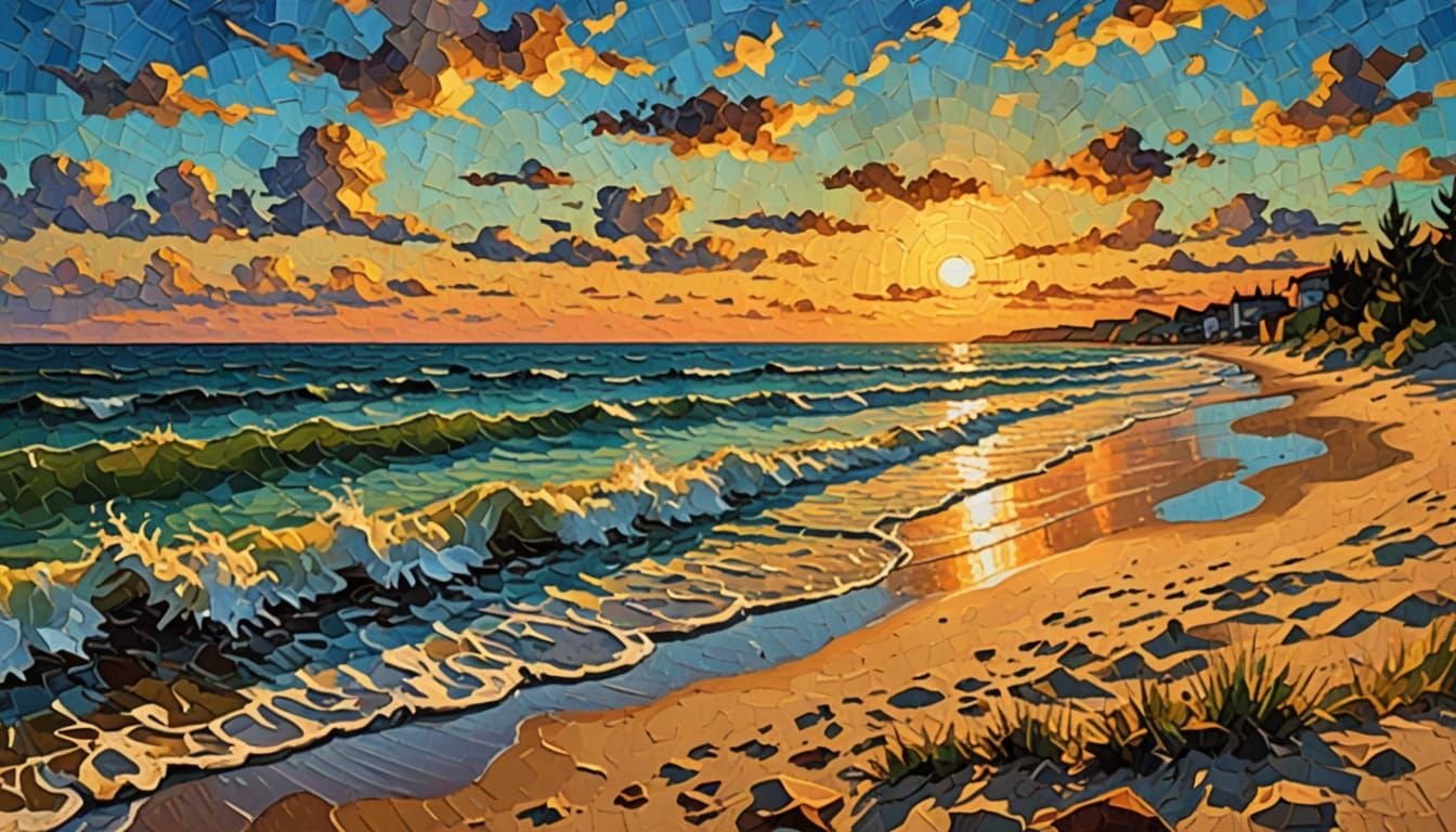 Golden Sunset on Deserted Beach in Impasto Style