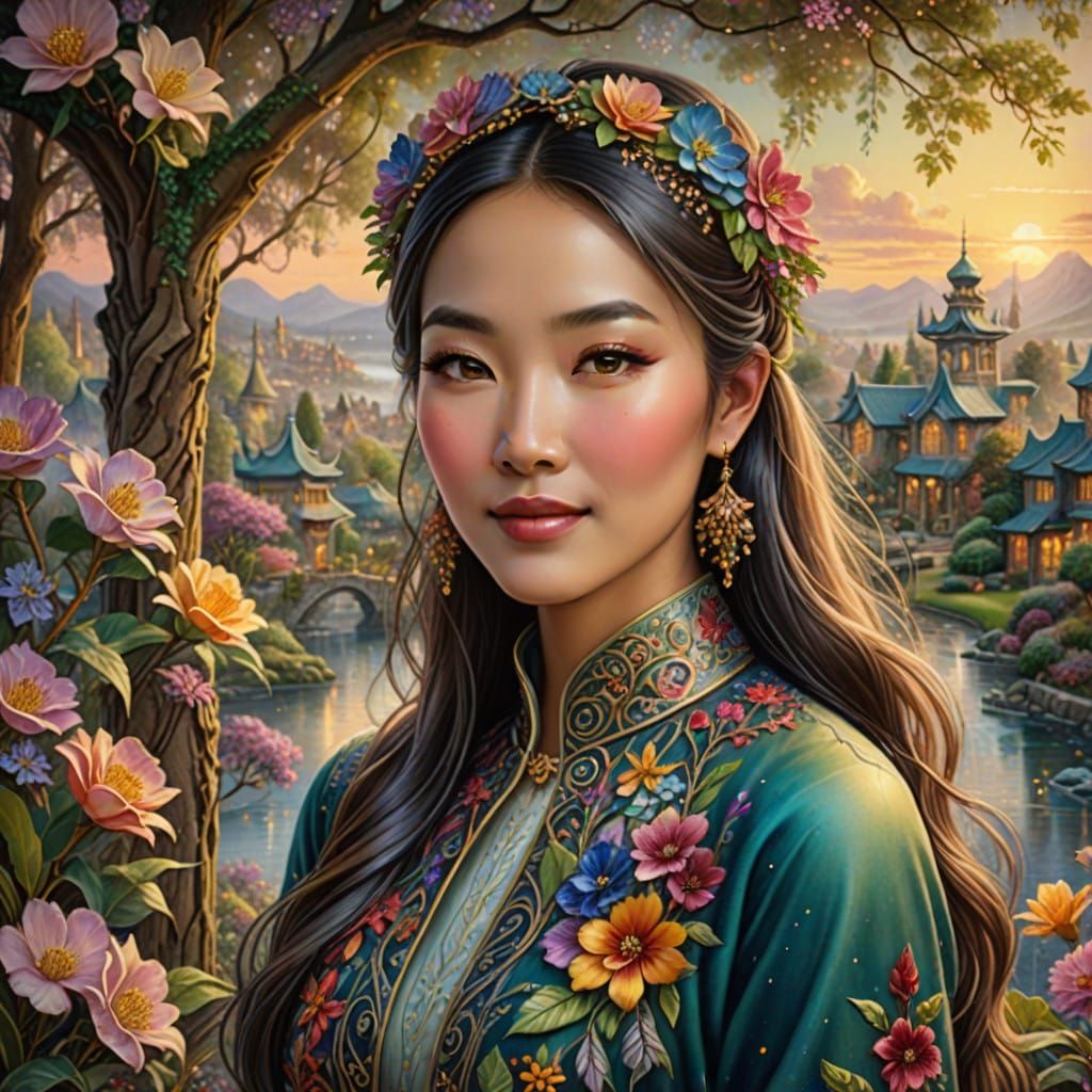 A portrait of a beautiful Chinese woman in heavenly garden