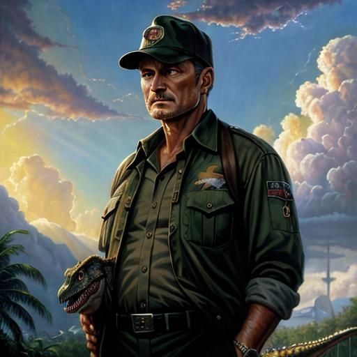 Jurassic Park Employee with Velociraptor in Oil Painting Sty...