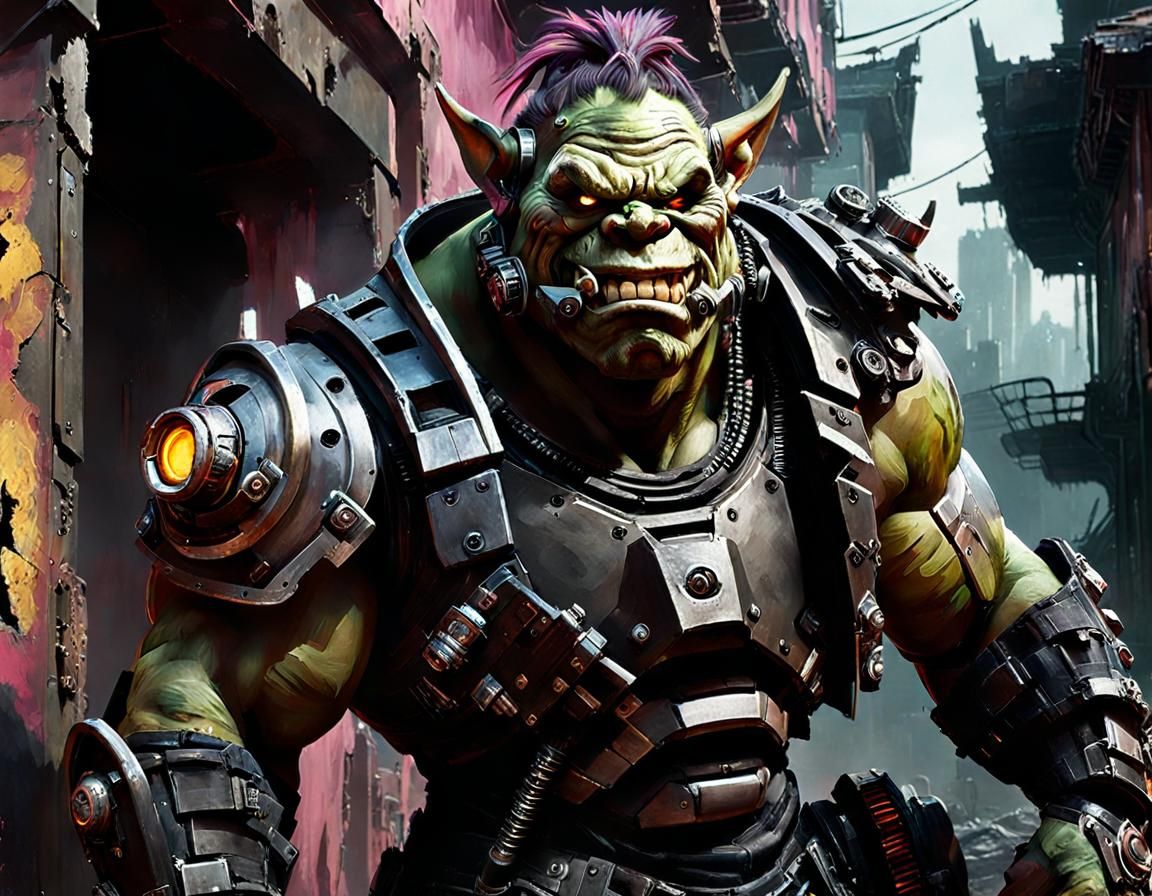 Cyberpunk Ogre Enforcer in Sfumato Style