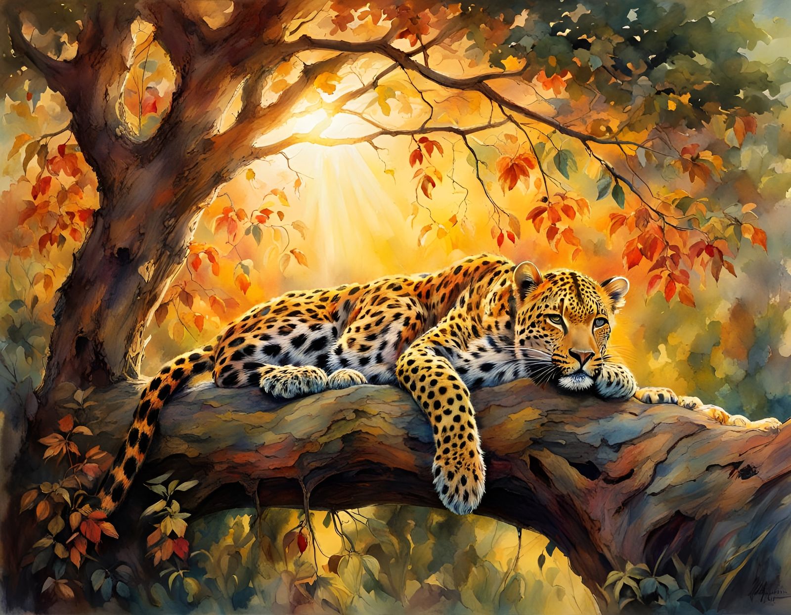 Leopard Nap in Sun-Drenched Orchard, Watercolor Style