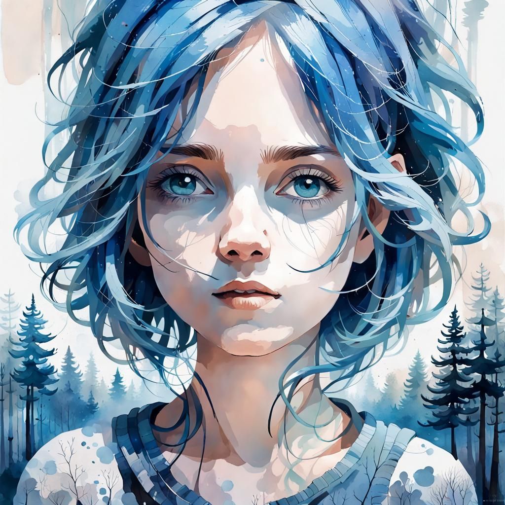 Blue-Haired Girl in Happy Forest: Double Exposure Art