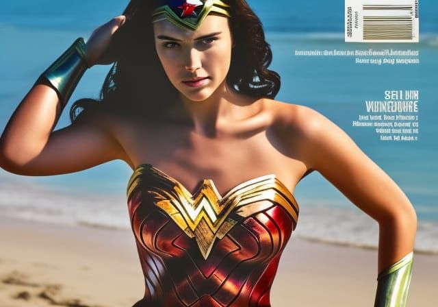 Surfboard magazine cover, Wonder woman, bikini, beach , surfboard