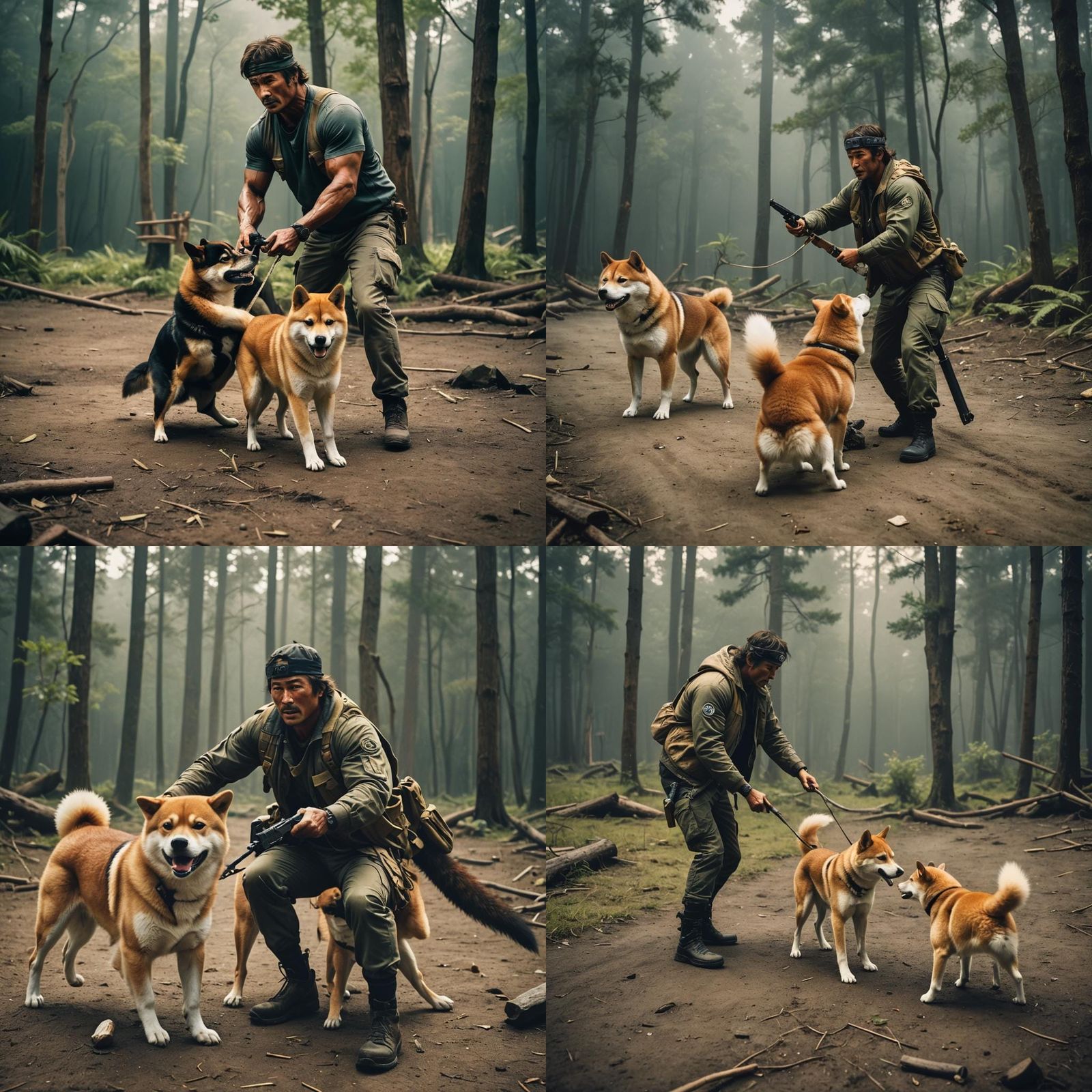Rambo Plays with Shiba Inu: Cinematic Film Still
