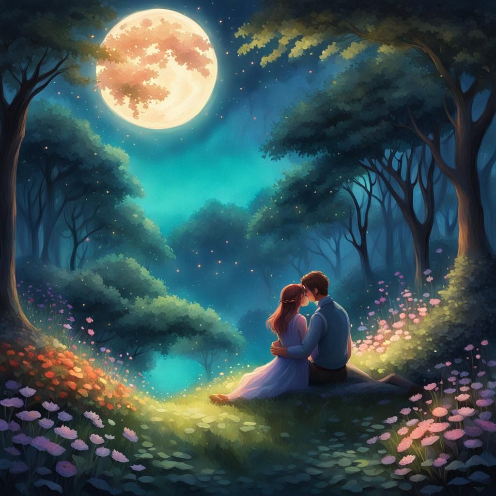 Lovers Embrace Under Moonlight in Ethereal Landscape