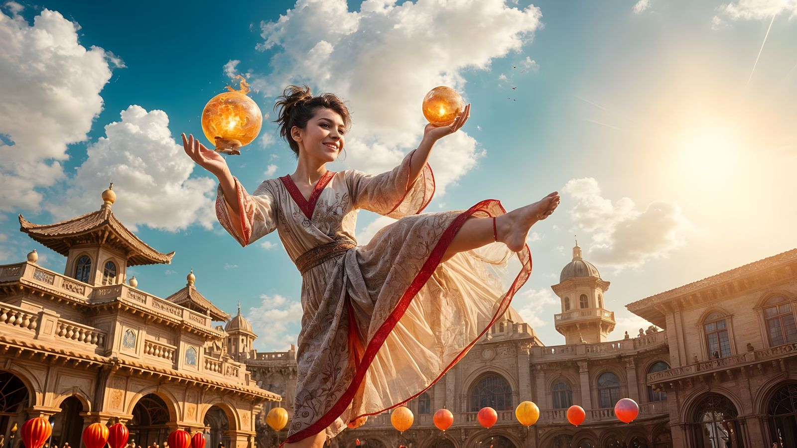 Acrobat's Elemental Juggling Act in Sunlit Square