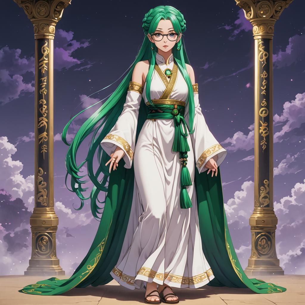Anime Priestess with Green Hair and Purple Eyes