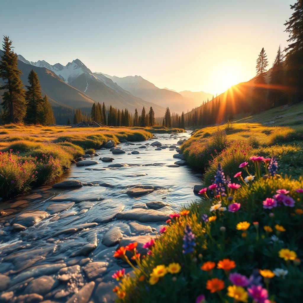 Idyllic Bob Ross-Style Landscape with Snow-Capped Mountains ...
