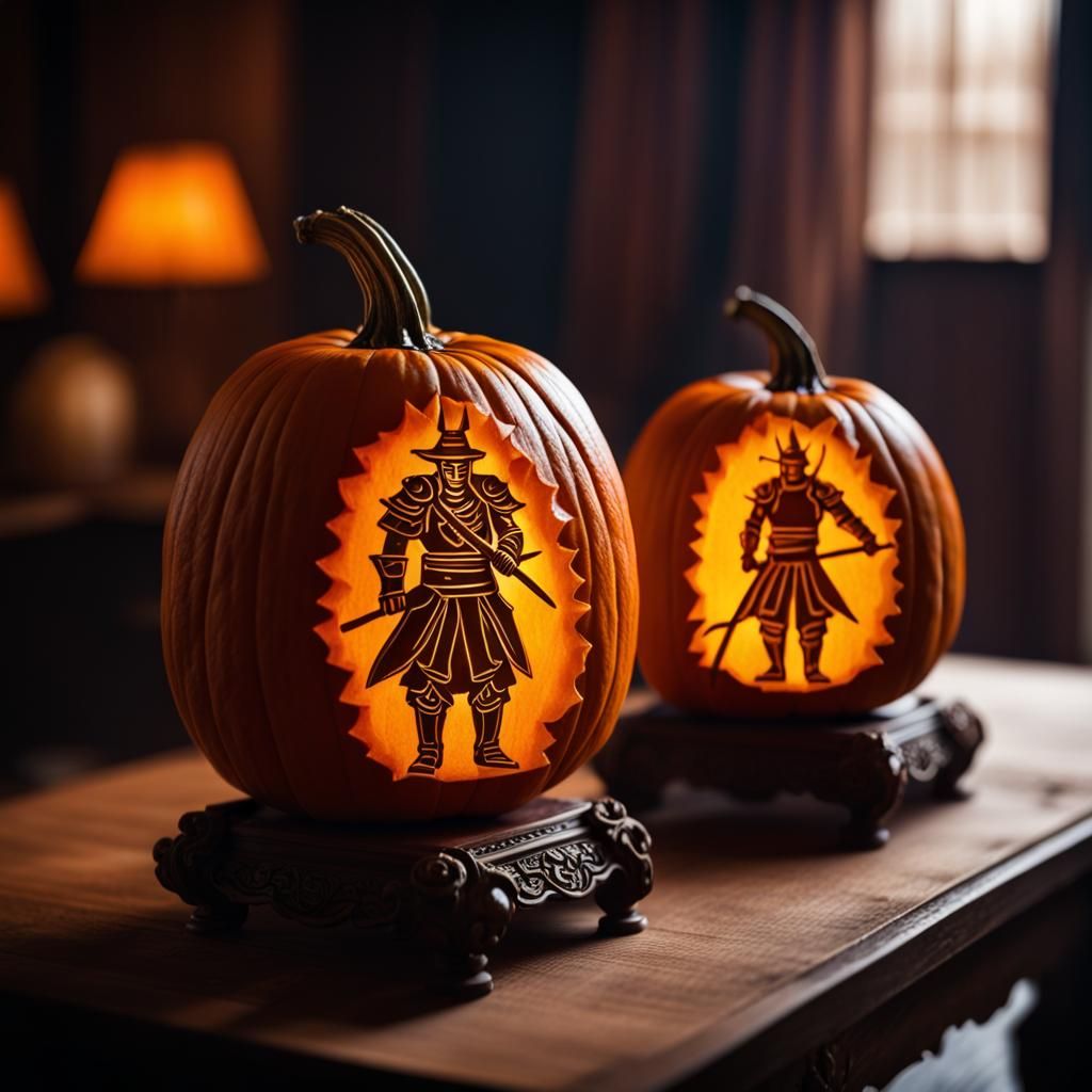 Samurai Pumpkin Carving on Antique Table
