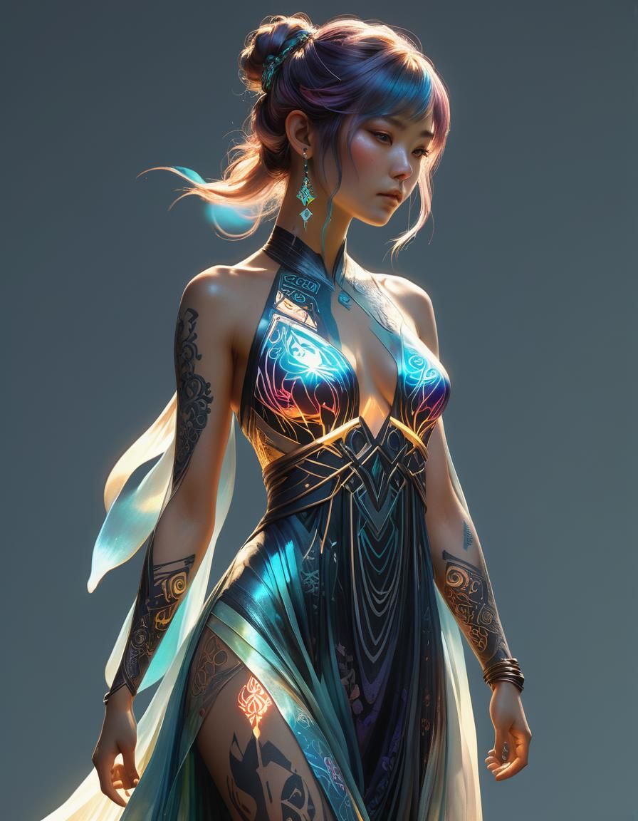 Japanese-Norse Woman with Iridescent Tattoo, Detailed Art