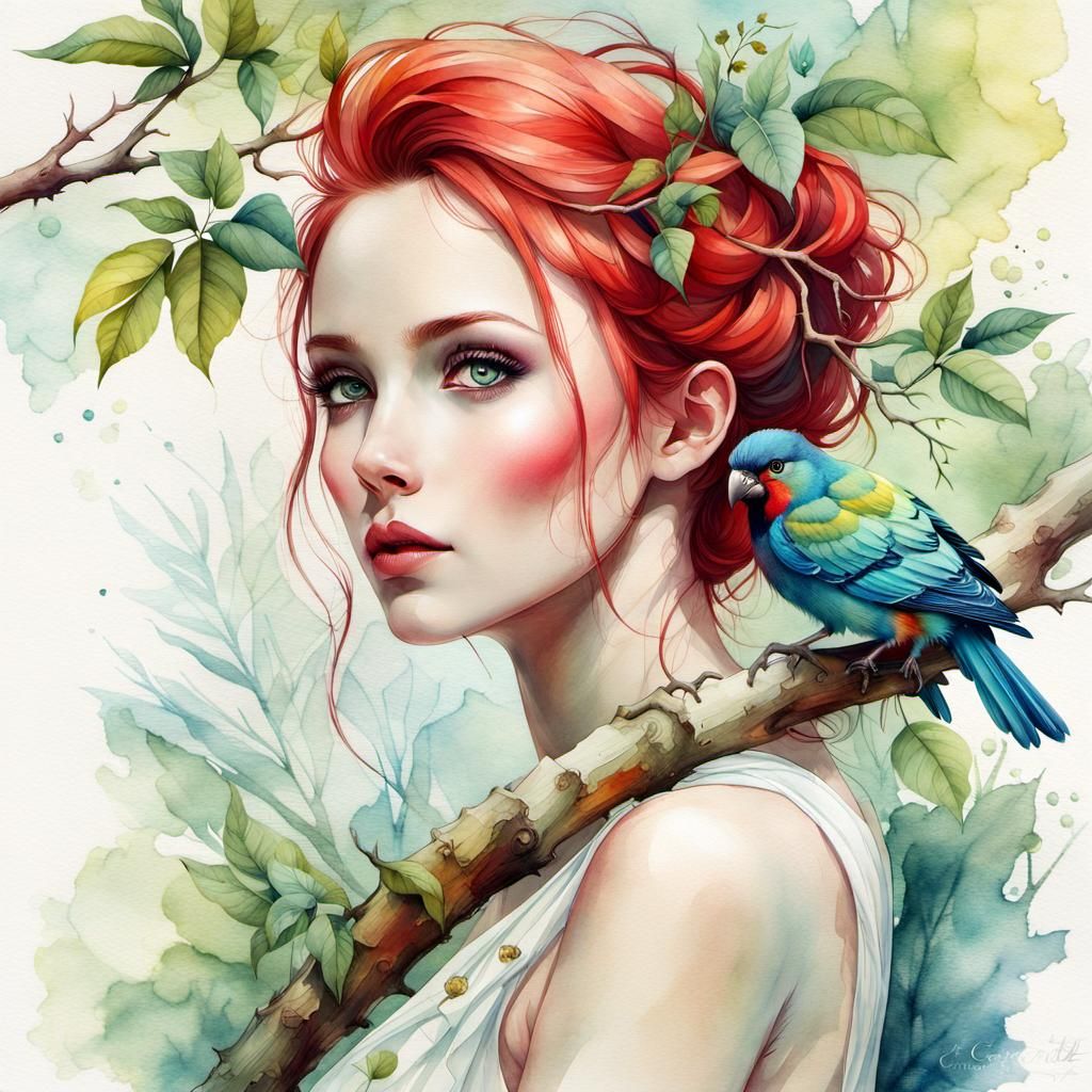 Macaw on Branch: Hyperdetailed Watercolor Painting