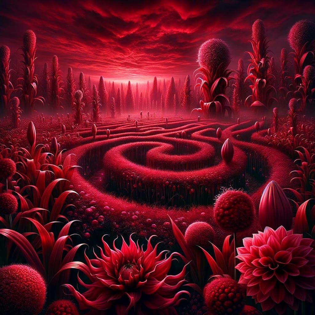 Surreal Ruby Garden with Towering Cornmazes, 3D Render