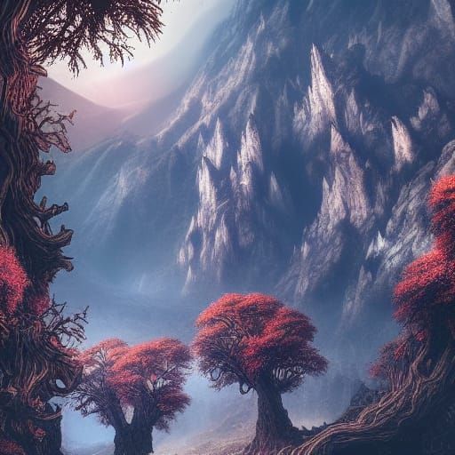 Glowing Apple in Dark Mountain Landscape