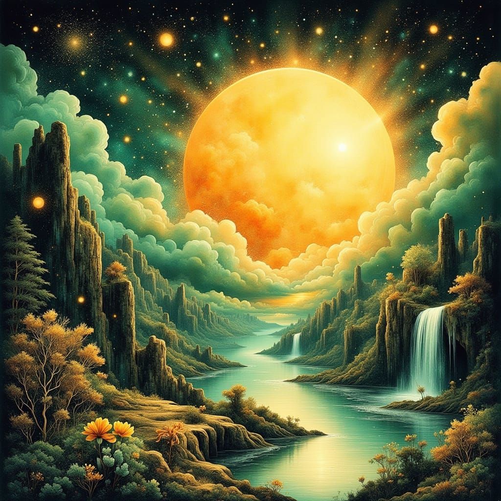 Surreal Space Sunset with Gold Flakes