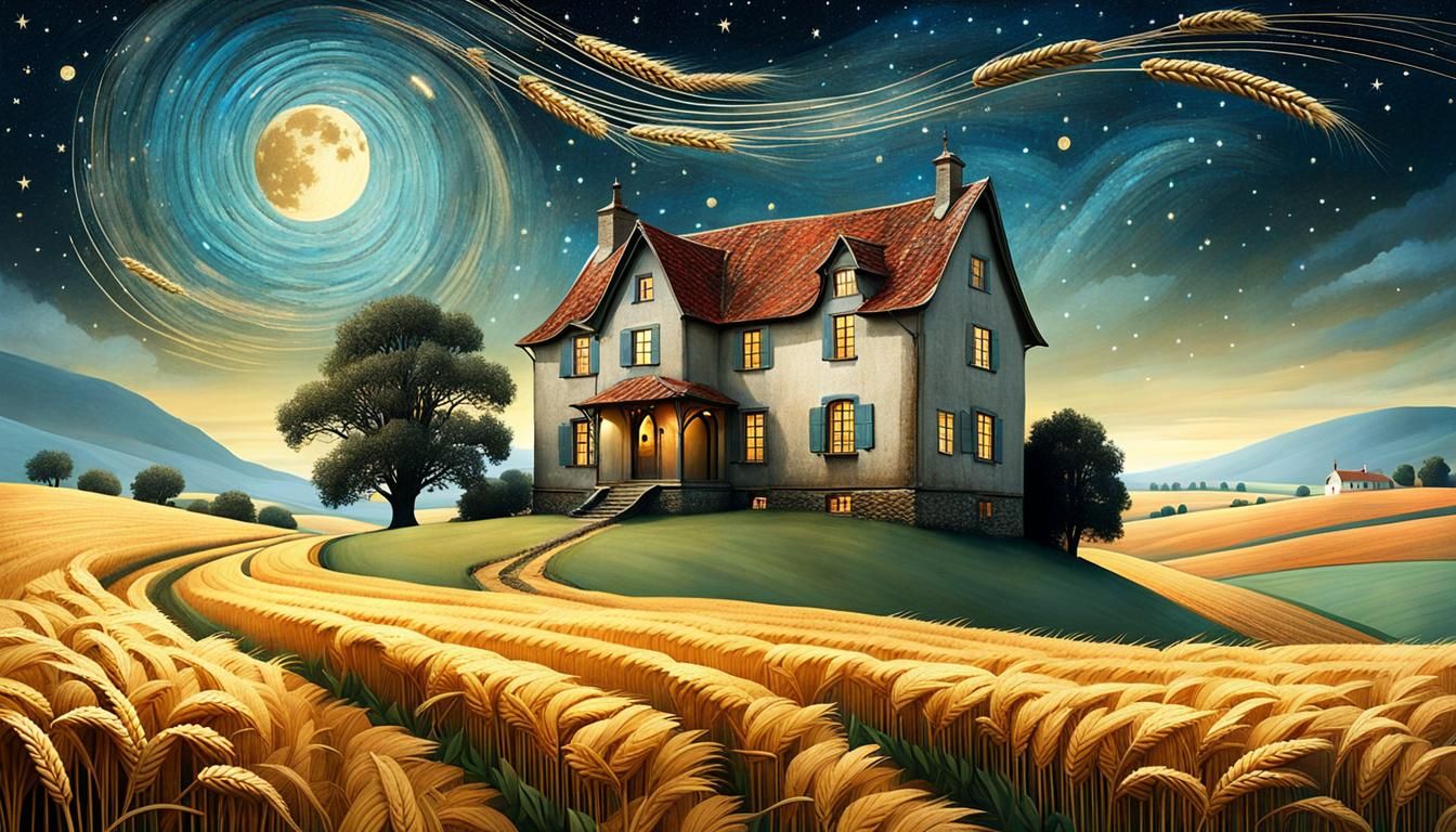 Starry Night House in Folk Art Style