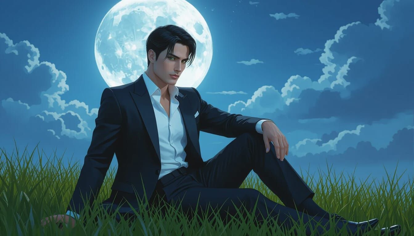 Man Gazes at Full Moon in Lush Grass, Ultra Realistic Digita...