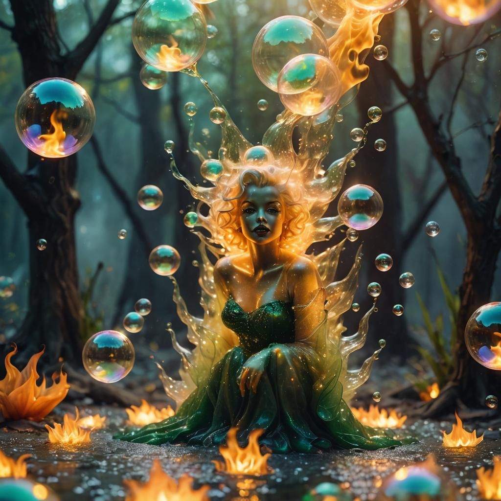 Surreal Glowing Bubble Creatures with Fiery Embrace