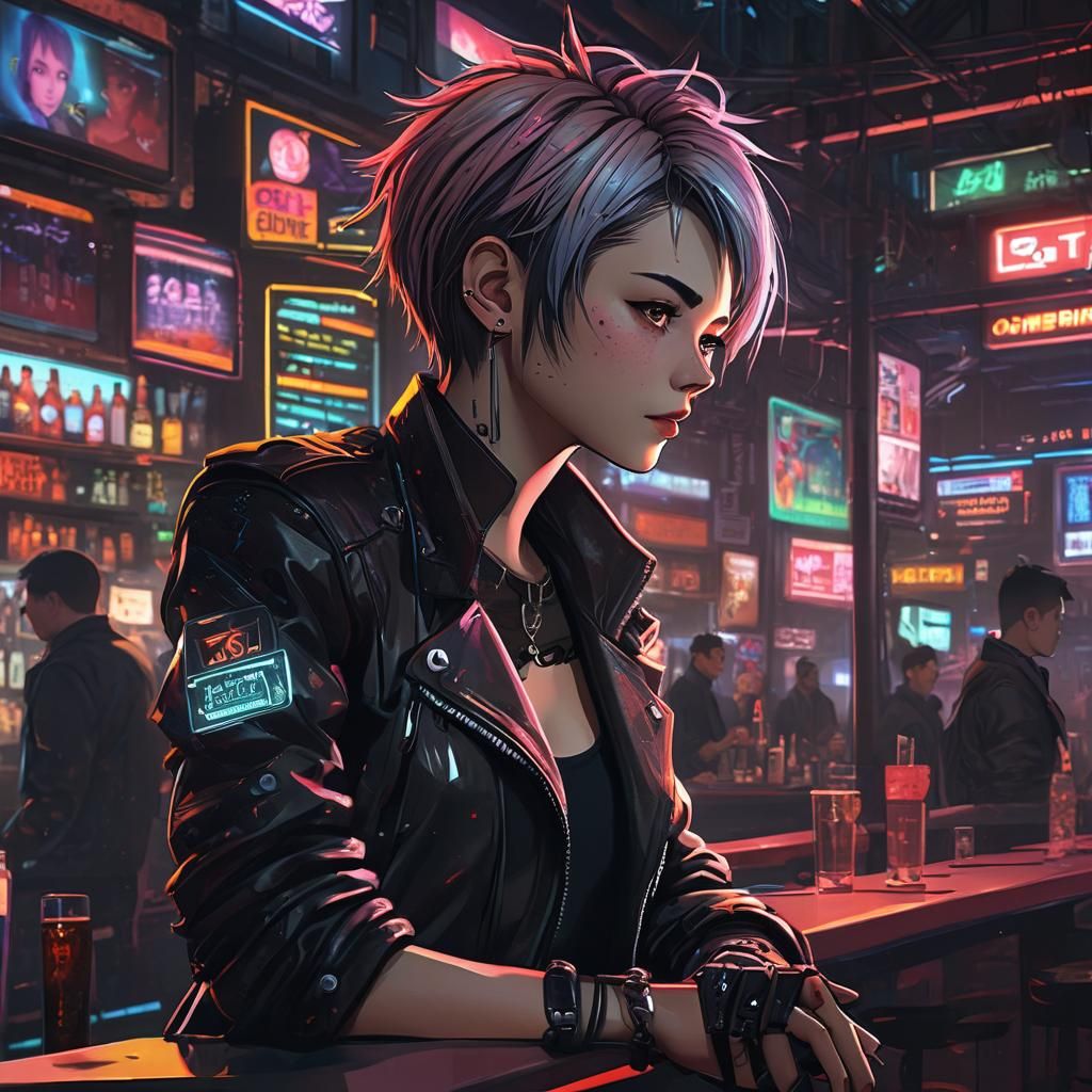 Vibrant Anime Club Scene with Neon Lights and Edgy Fashion