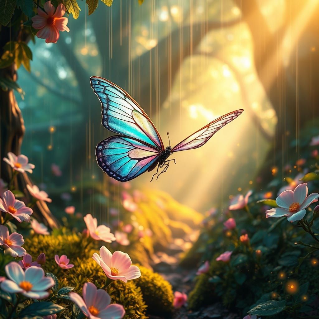 Ethereal Butterfly in Vibrant Magic Forest with Golden Rain