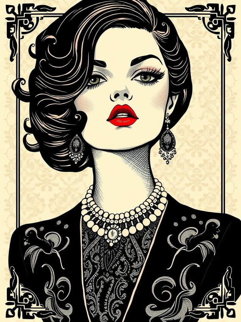 Glamorous Woman in Art Deco Style with Crosshatching