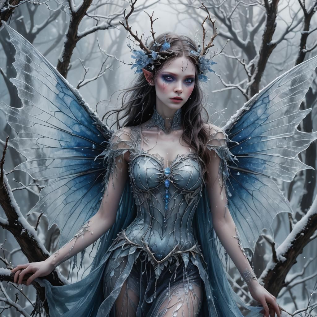 Demonic Fairy with Blue Eyes in Winter Dreamscape