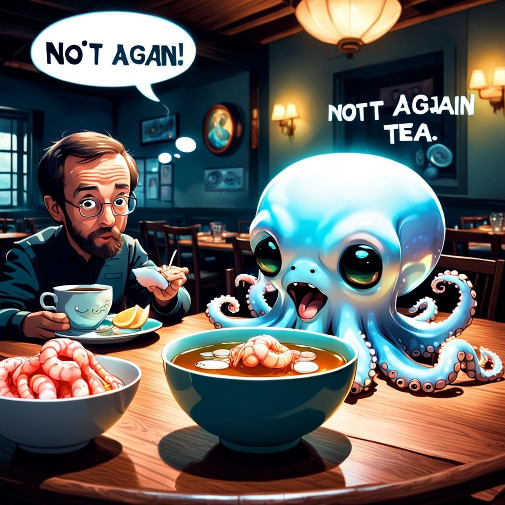 Octopus Glaring at Prawns in Pulp Comic Style