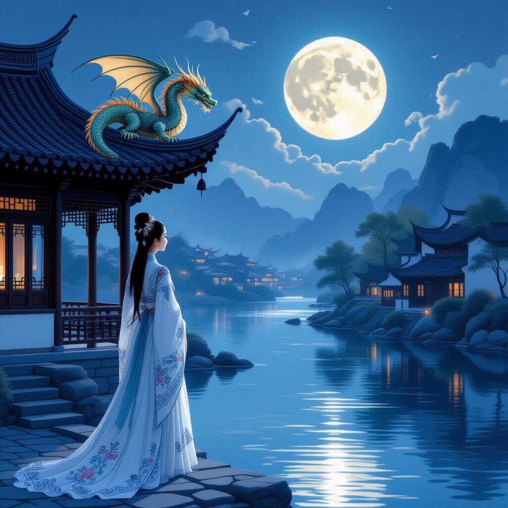 Woman, Dragon, and Moonlit River in Realistic Style