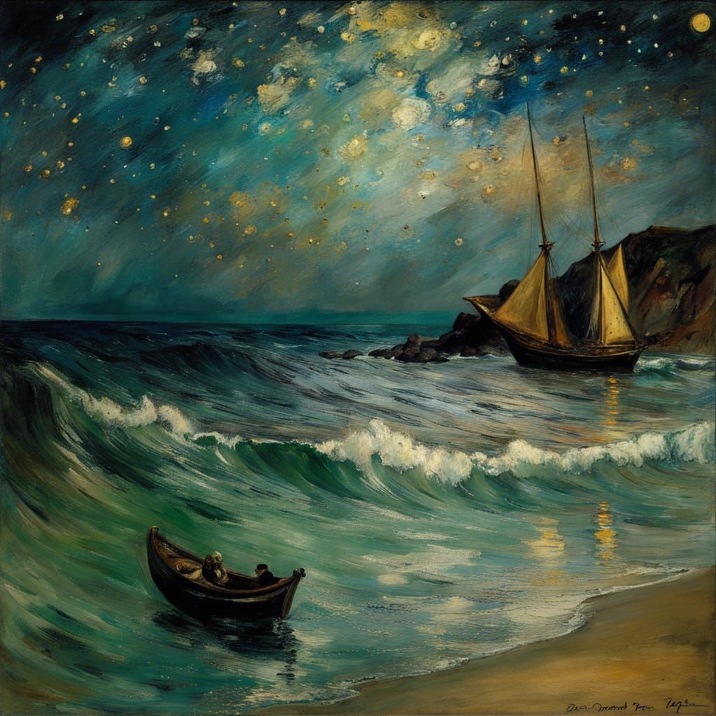 Starry Sea Reflection: A Detailed Impressionist Painting