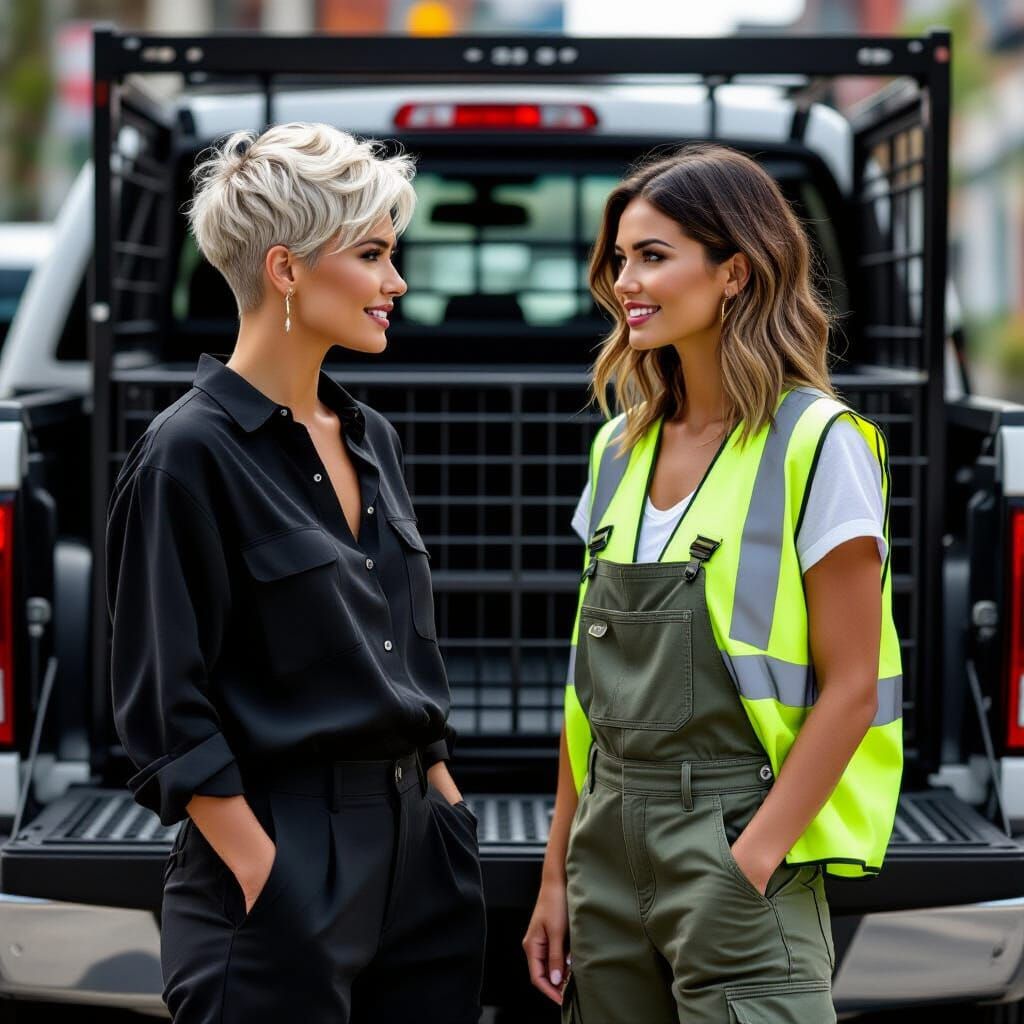 Women Talking by Pick-Up Truck with Cage