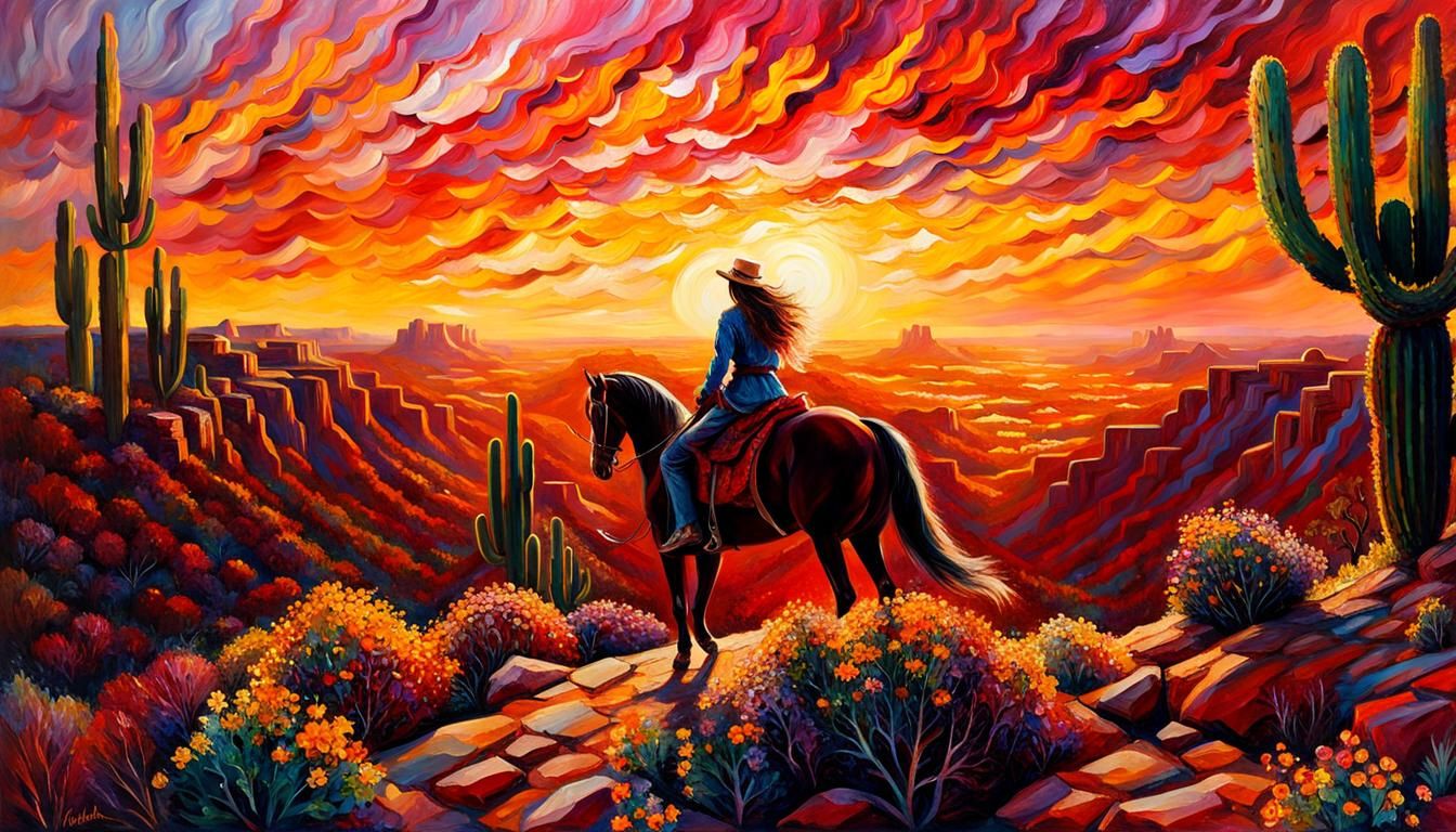 Desert Canyon Sunset: Impressionist Palette Knife Painting