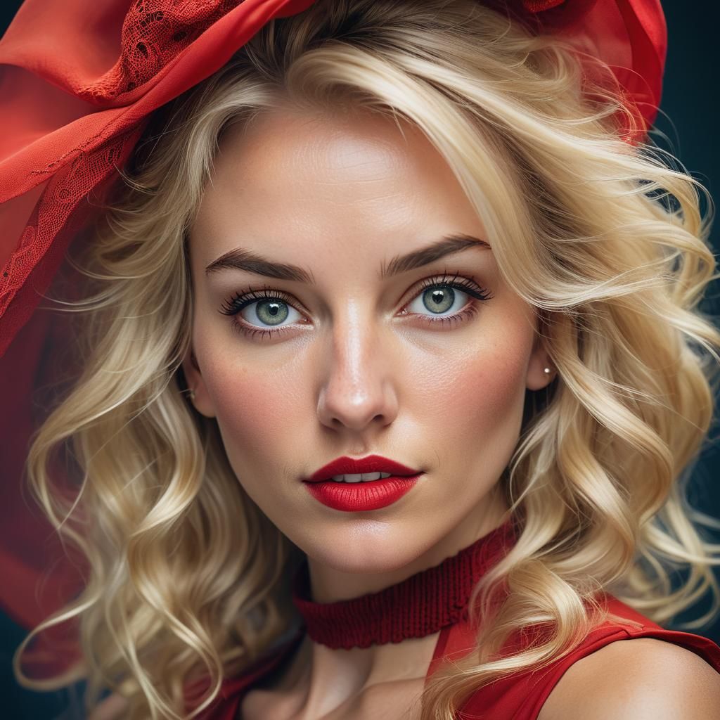 Blonde Woman Portrait with Red Dress in Studio Lighting