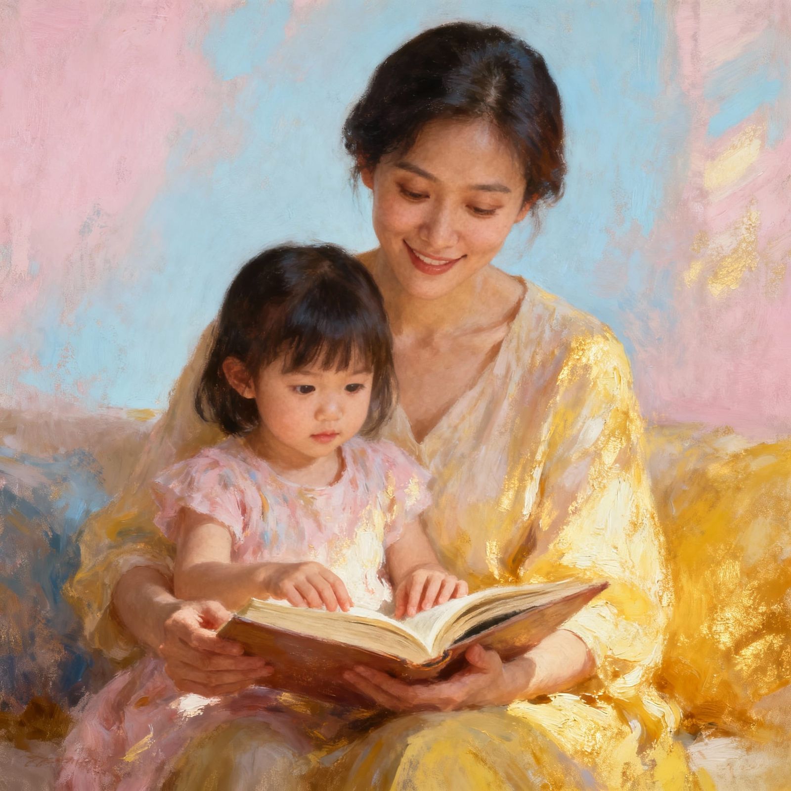 Sentimental Oil Painting of Mother Reading to Daughter