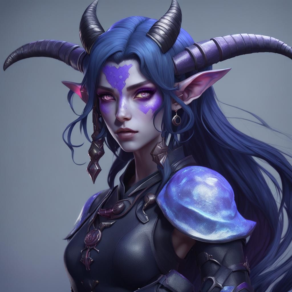 Anime Style Tiefling with Blue Skin and Hair