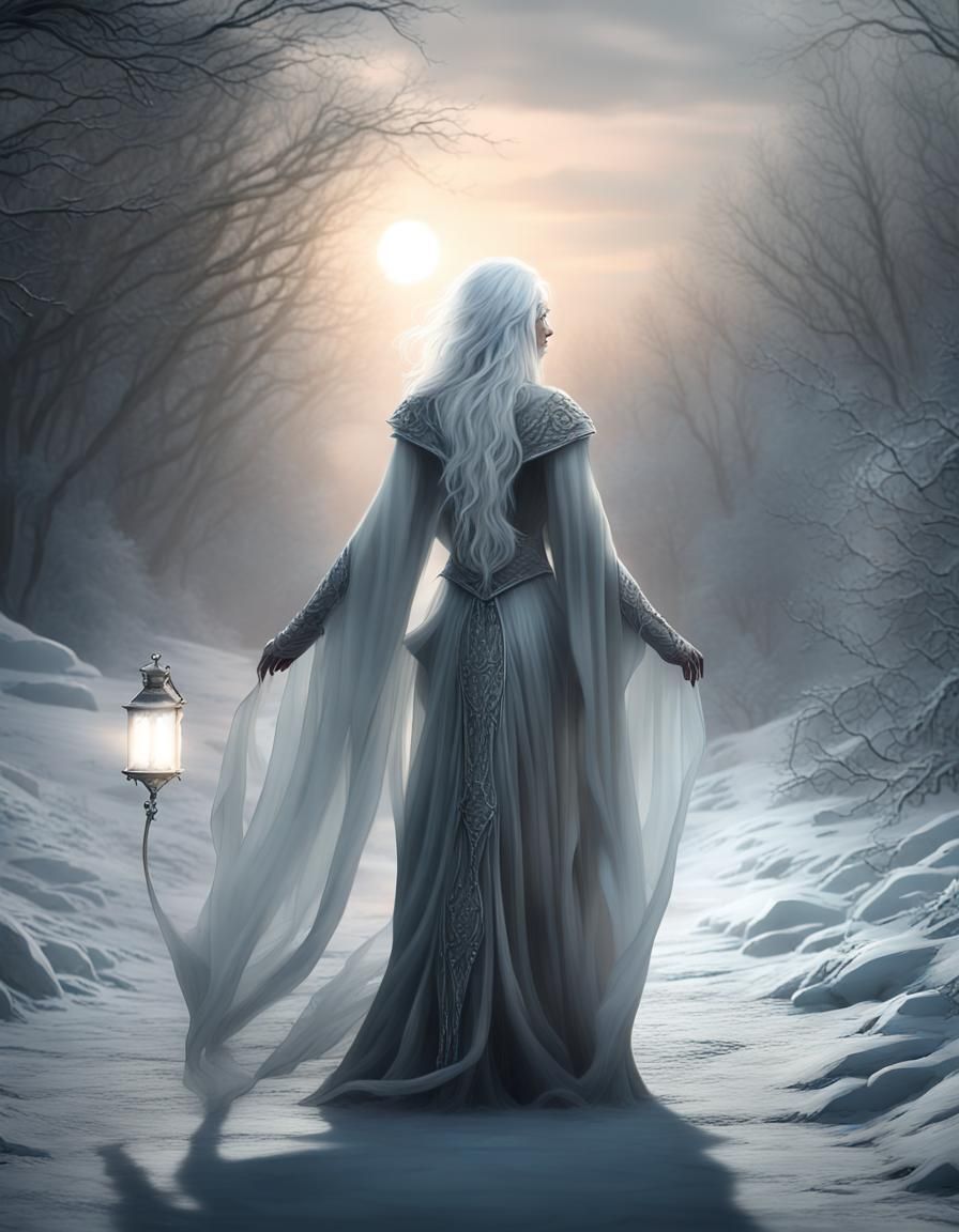 Silver-Haired Frost Witch in Winter Landscape