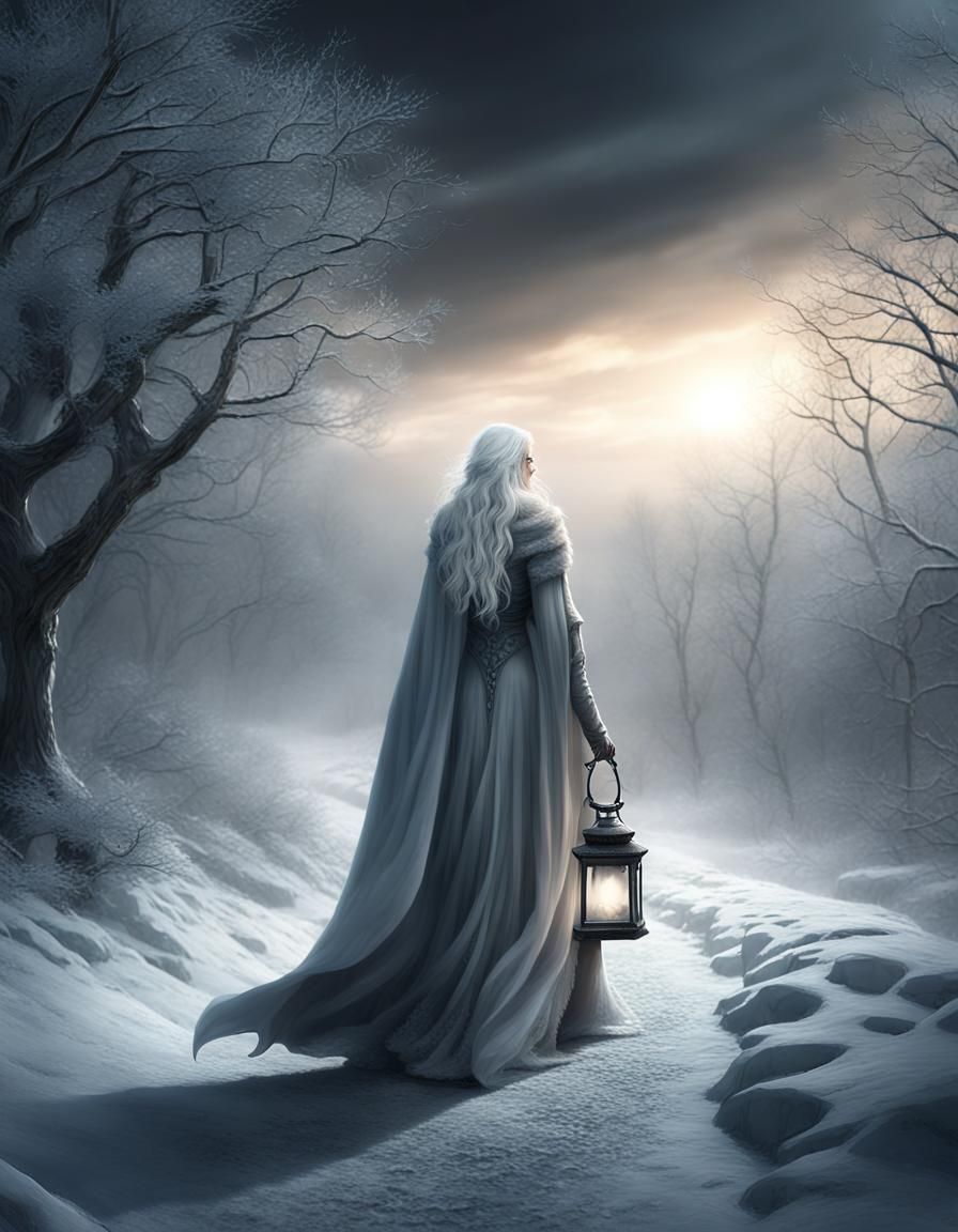 Frost Witch Walking in Winter Landscape