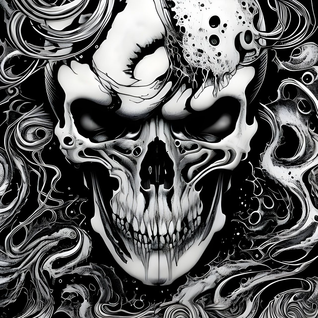 Monochromatic Cyberpunk Skull in Oil and Gouache