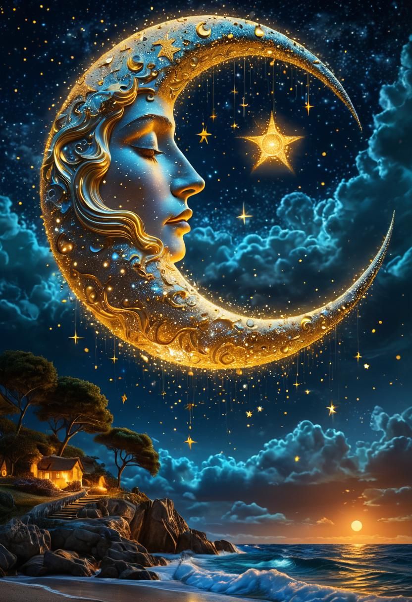 Moon Face in Surreal Starry Night Sky