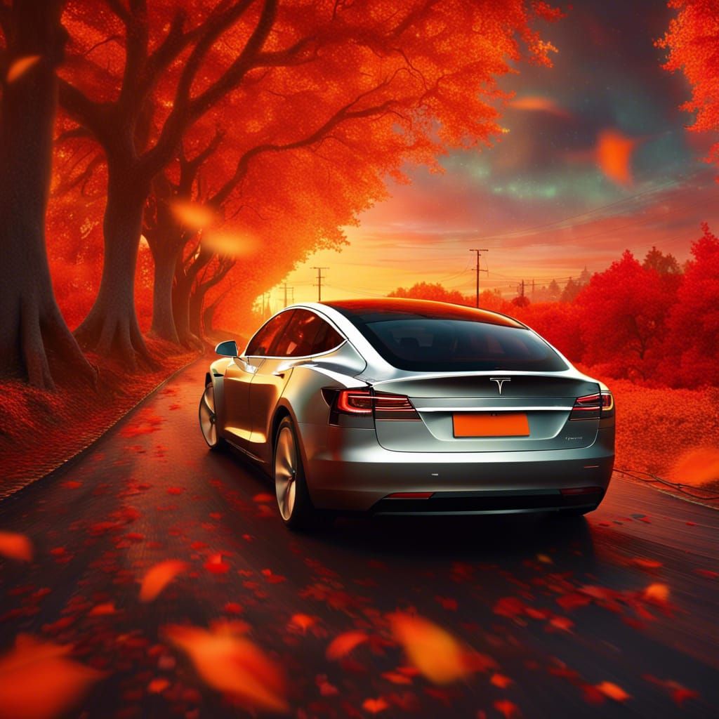 Silver Tesla in Autumn Aurora: 8K Unreal Engine Render