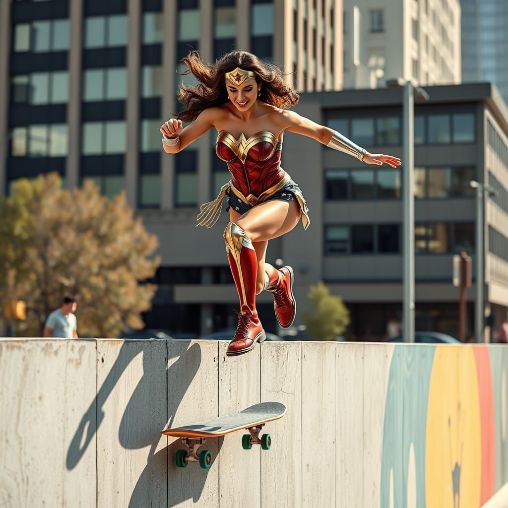 Wonder Woman Skateboarding and Parkouring on City Walls