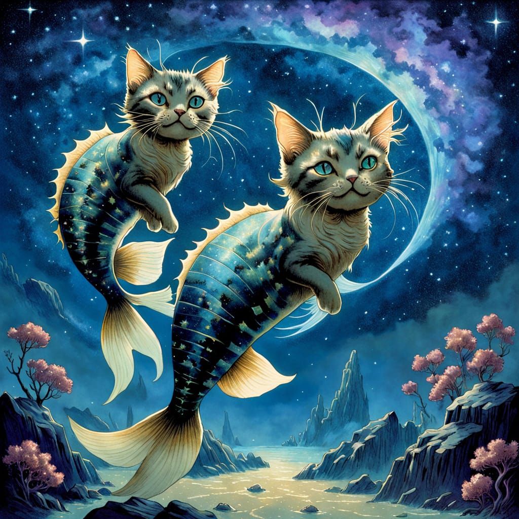 Aquatic Pisces Cats Under a Celestial Nightsky