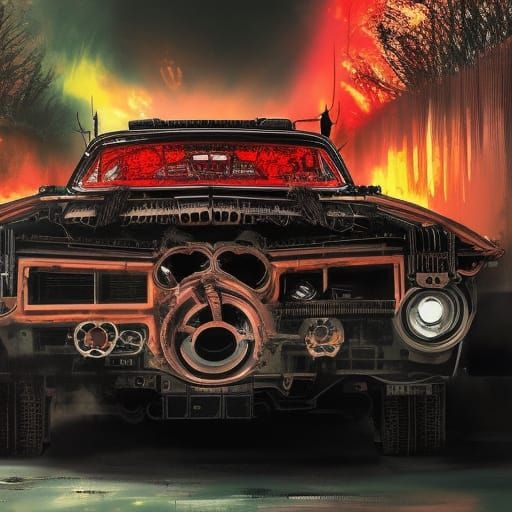 Steampunk Road Warrior Muscle Car in Neon Horror Style