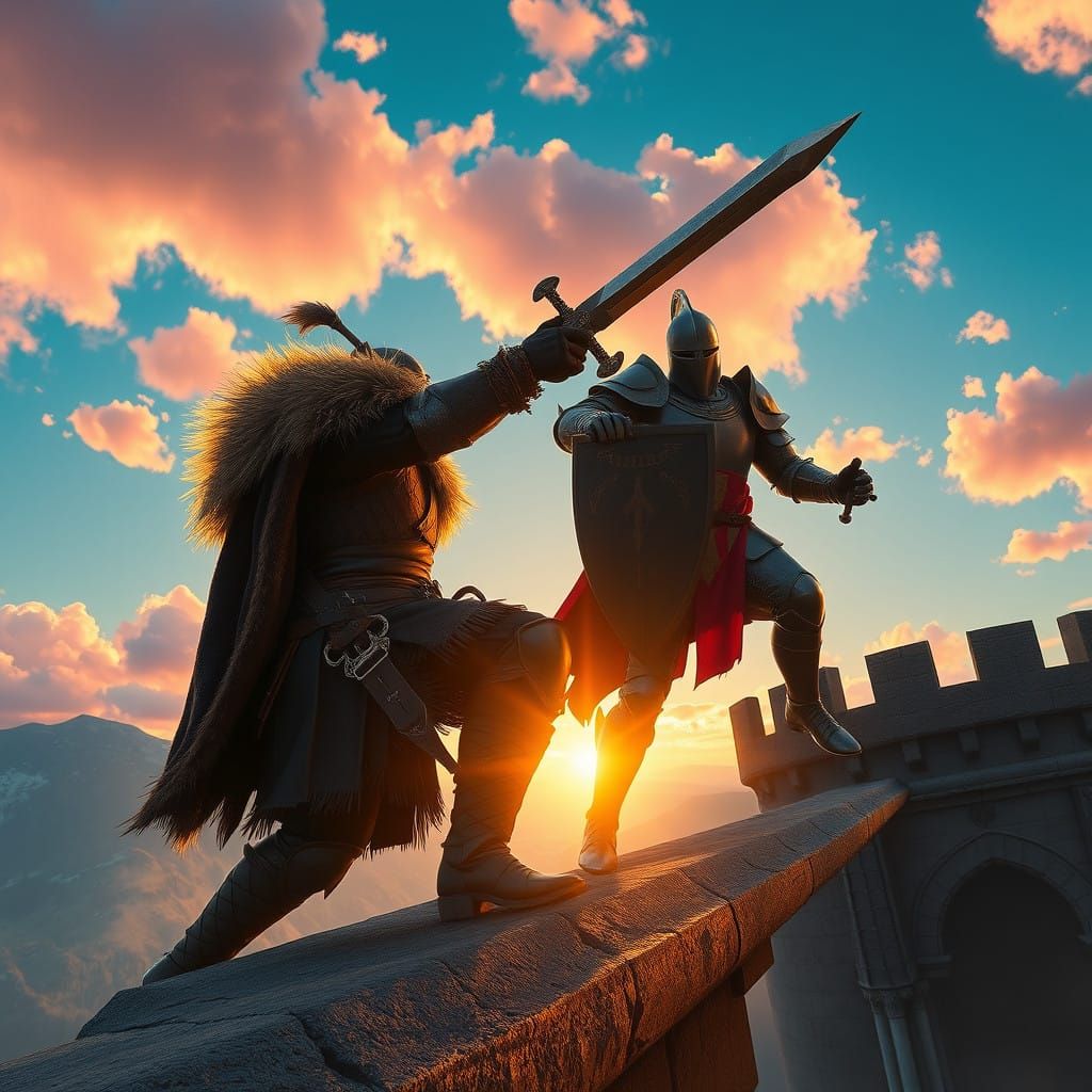 Viking Warrior Battles Knight on Castle Wall at Dawn