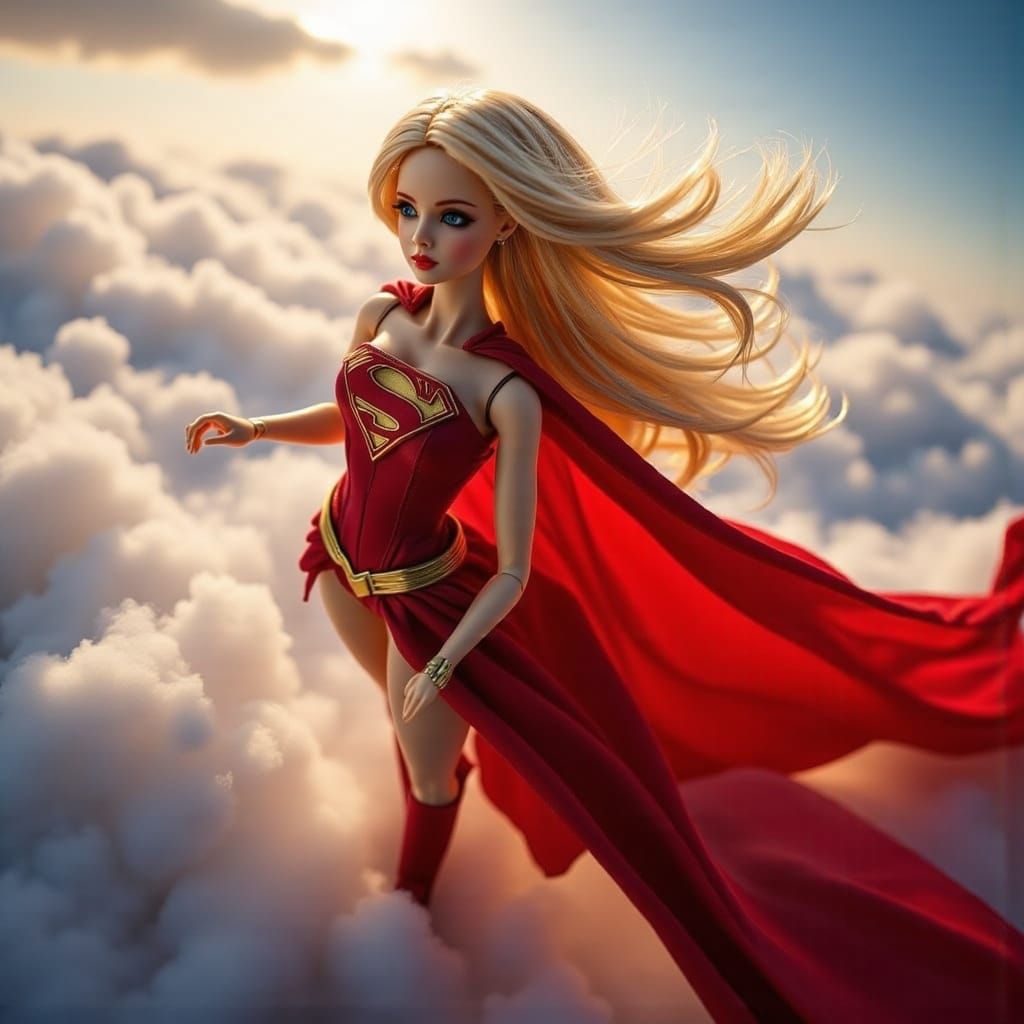 Hyper-Realistic Supergirl Barbie in Epic Flight