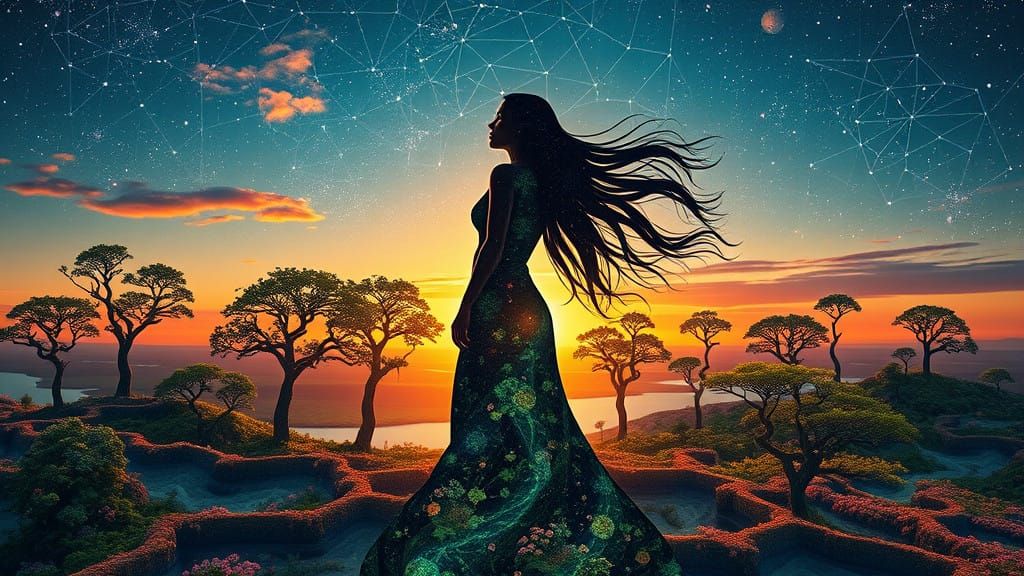 Ethereal River of Serenity in Bio Art Collage with Glowing N...