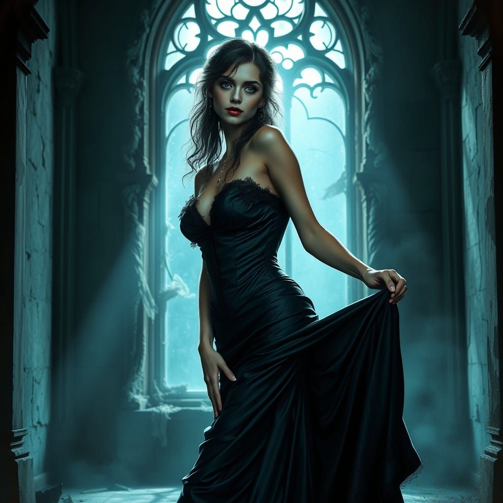 Gothic Emo Woman in Victorian Gown in Castle Hall