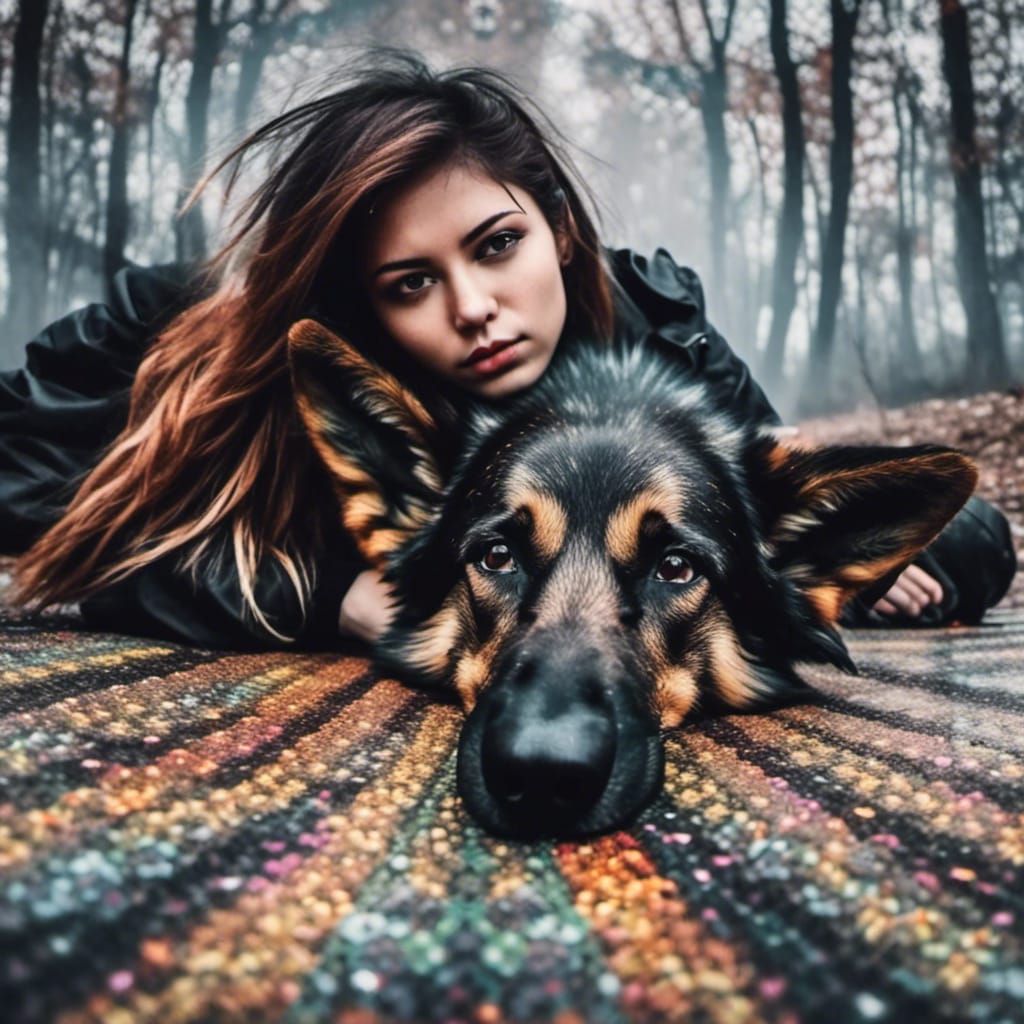 Angel and German Shepherd in Hyperrealistic Style