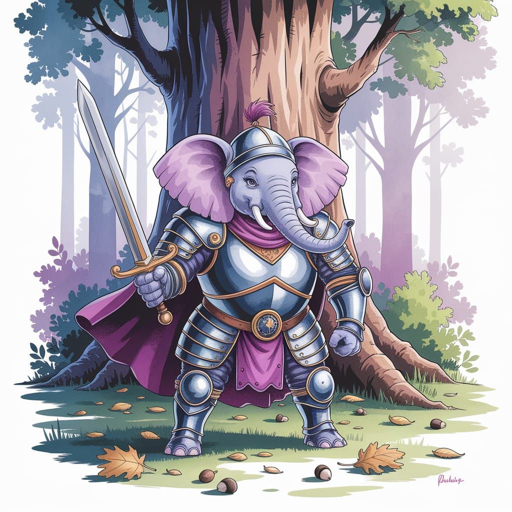 Whimsical Elephant Knight Guards Oak Tree in Fantasy Realm
