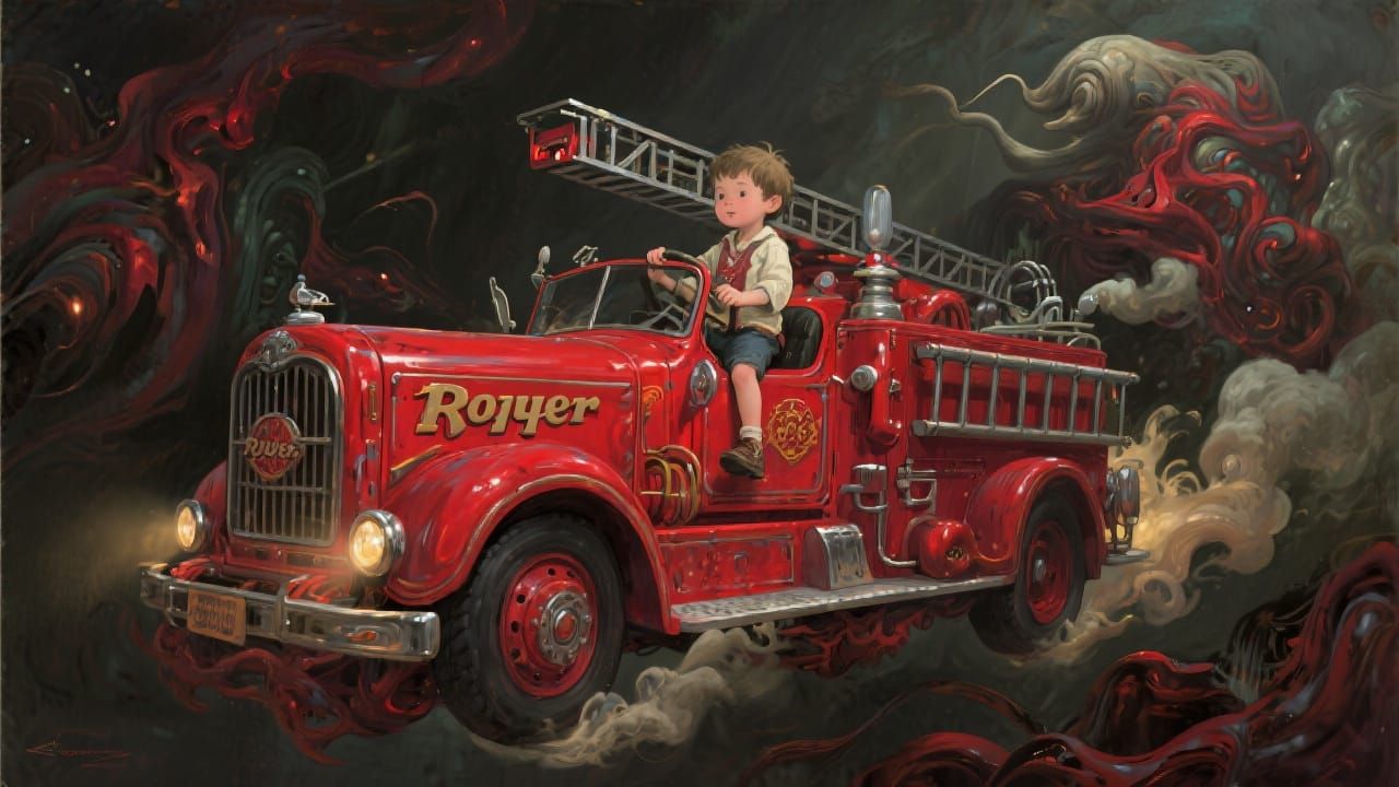 Child Rides Red Ryder Fire Engine: Surreal Mixed Media