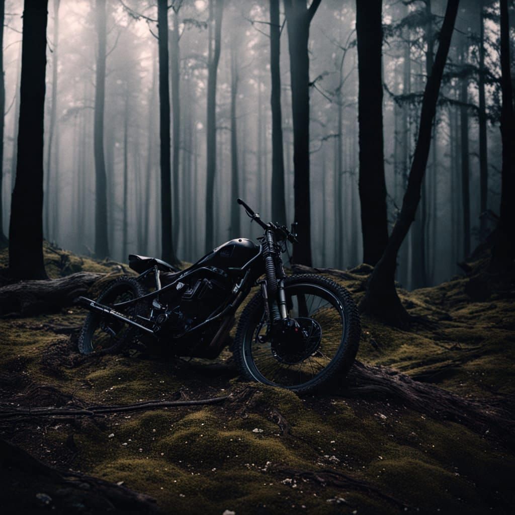 A motorcycle in the middle of the forests of "Tartaros" (Dark City)
