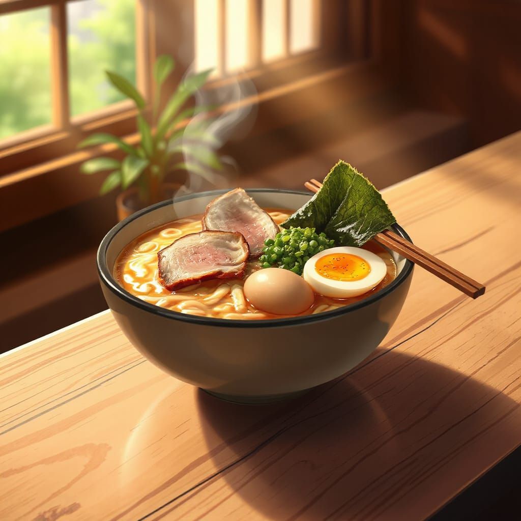 Steaming Ramen Bowl in Anime Style